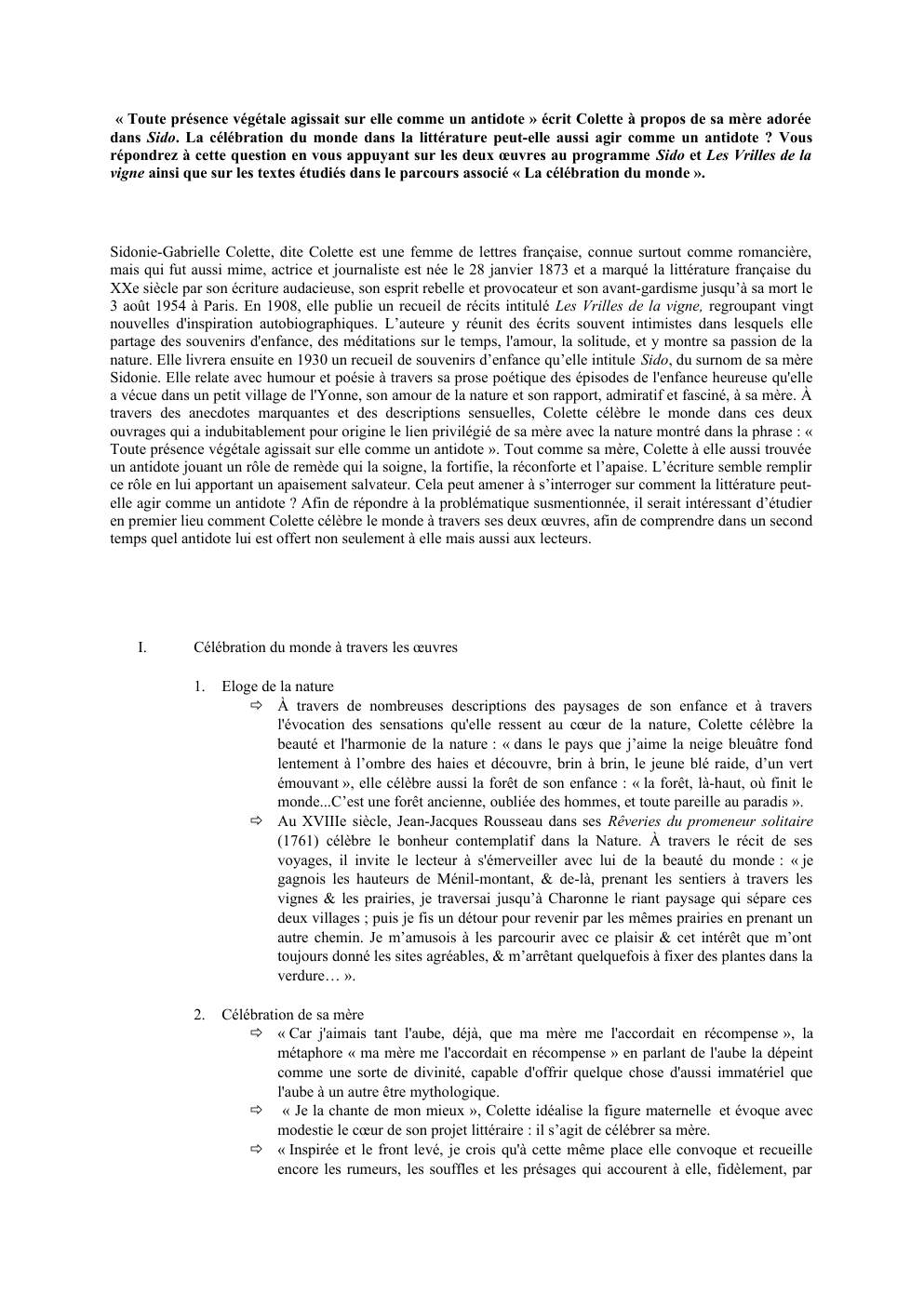 Prévisualisation du document Dissertation Sido et Les Vrilles de la vigne -