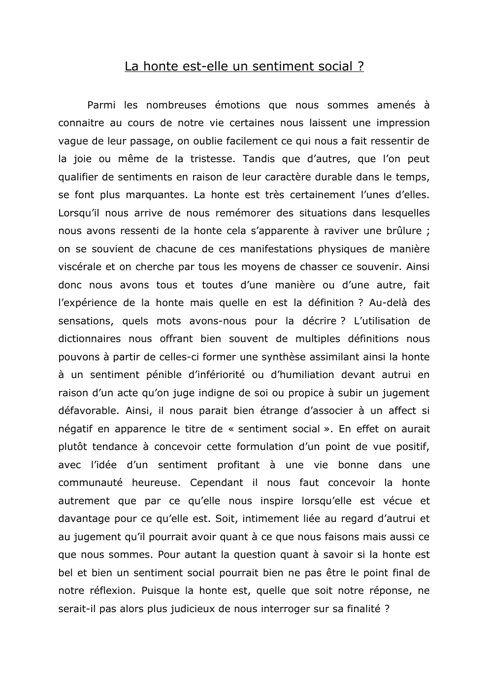 Prévisualisation du document Dissertation sur la honte comme sentiment social