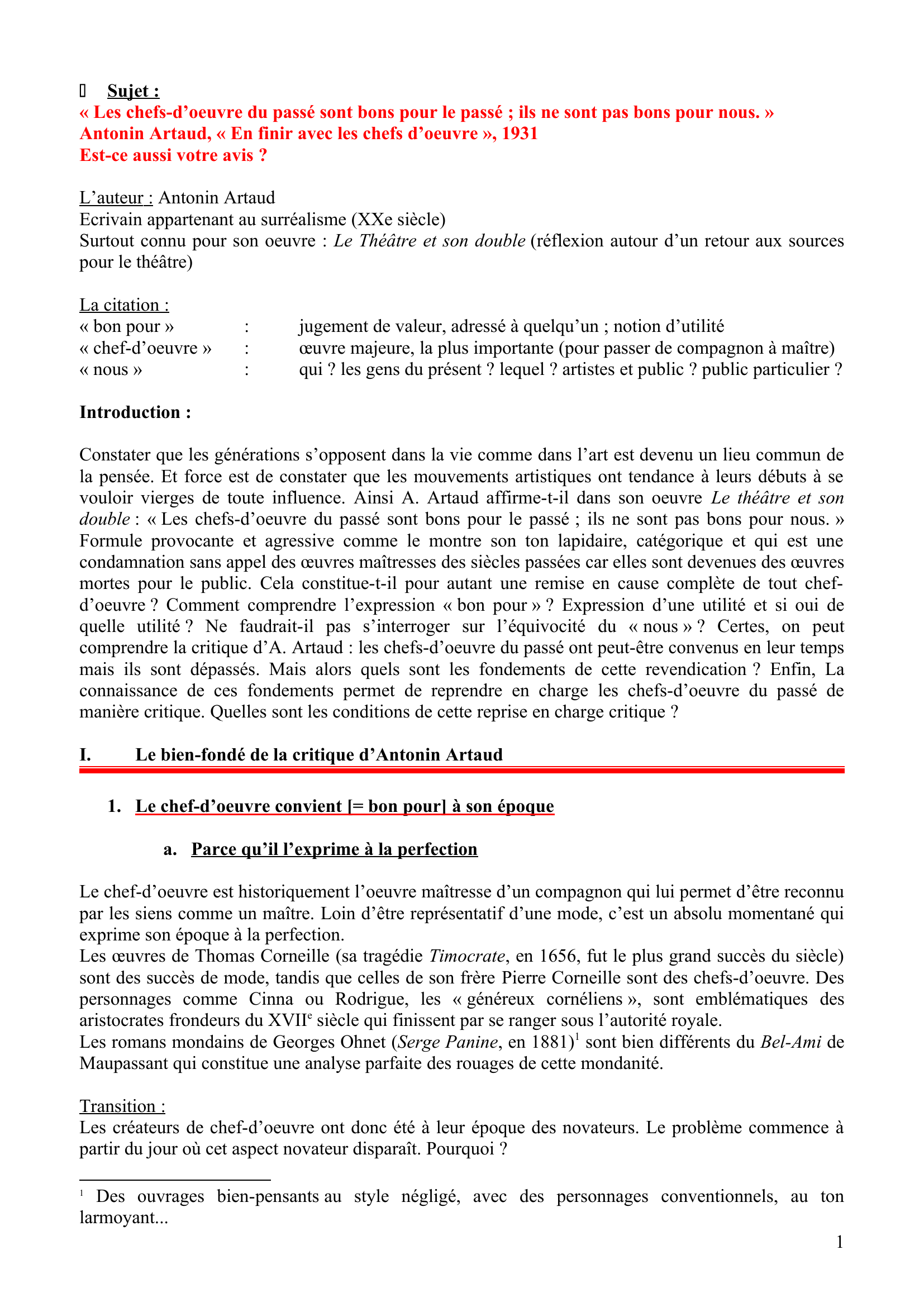 Prévisualisation du document Dissertation sur la notion de chef-d'oeuvre (à partir d'une citation d'Antonin Artaud)