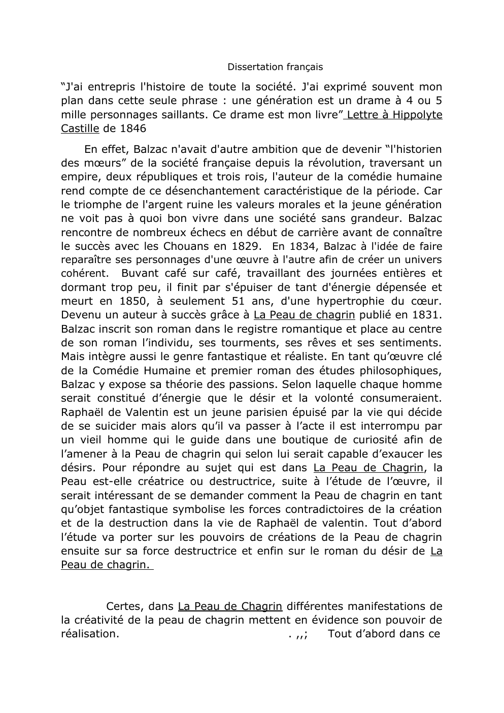 Prévisualisation du document Dissertation sur la peau de Chagrin de Balzac