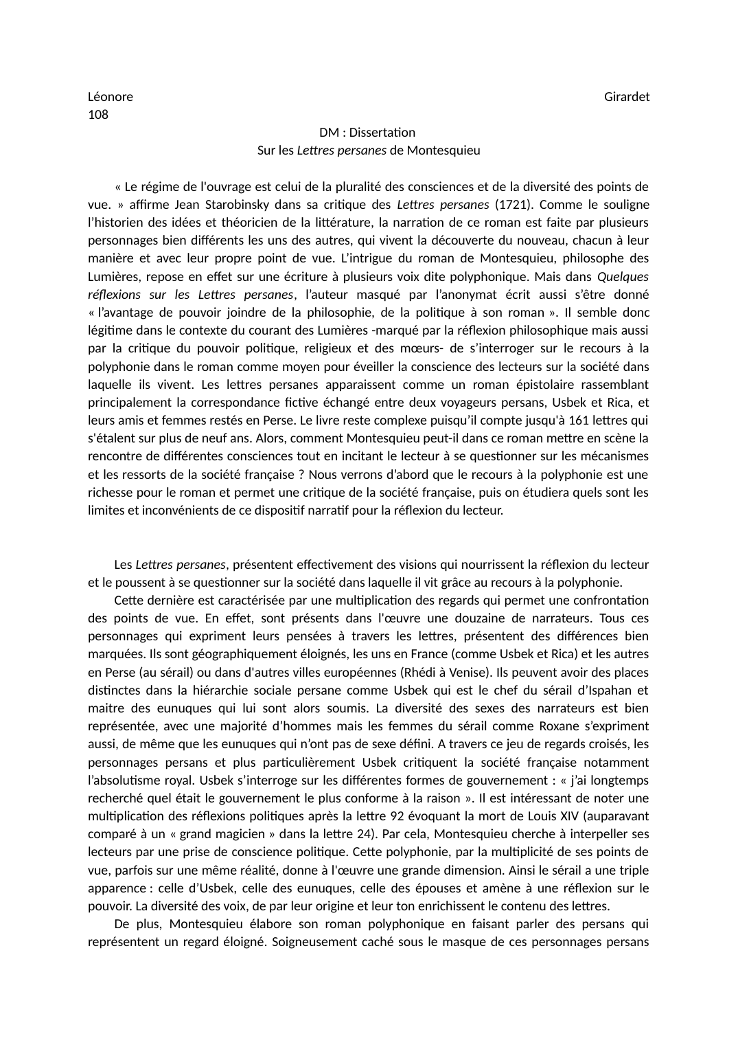 Prévisualisation du document Dissertation sur la polyphonie dans les Lettres Persanes