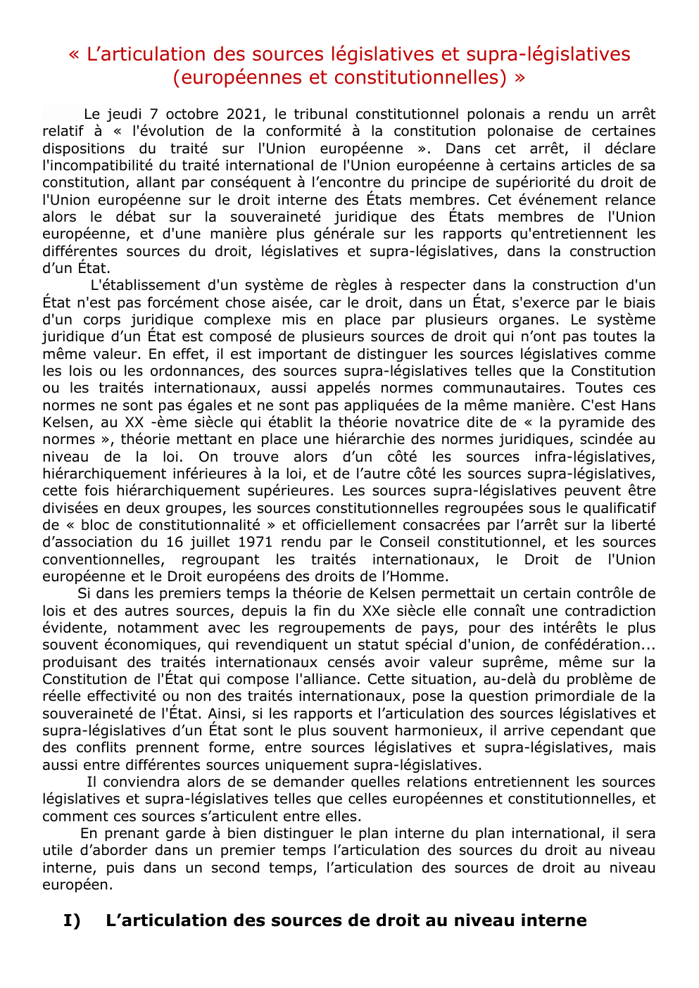 Prévisualisation du document Dissertation sur « L’articulation des sources législatives et supra-législatives (européennes et constitutionnelles) »