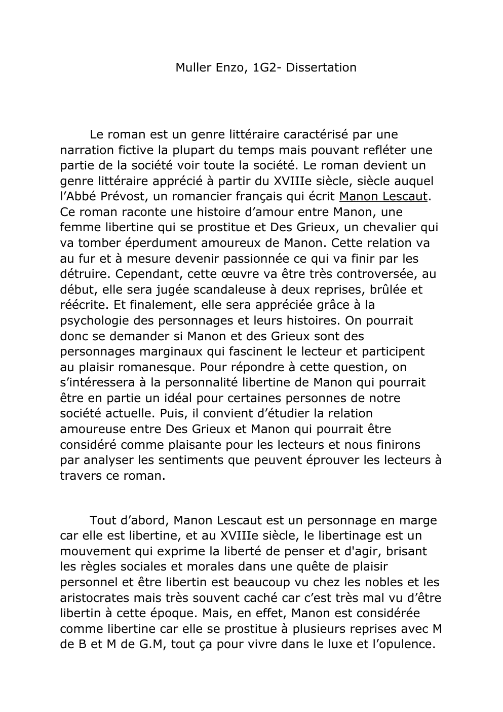 Prévisualisation du document Dissertation sur le roman de Manon Lescaut: marginalité et plaisir littéraire