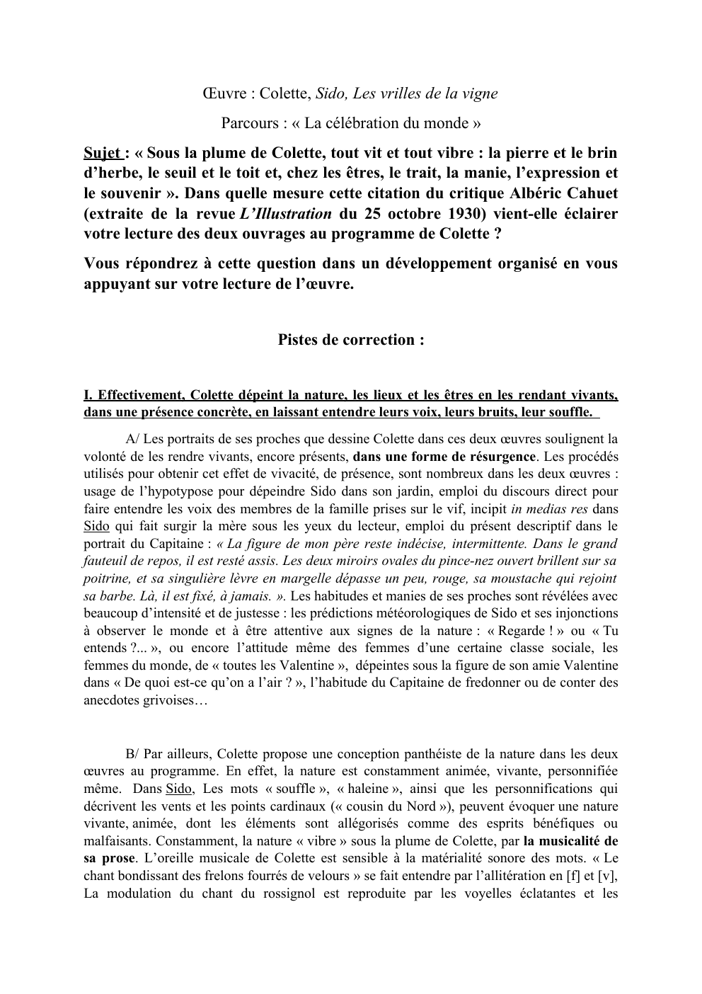 Prévisualisation du document Dissertation sur l'oeuvre de Colette - citation du critique Albéric Cahuet