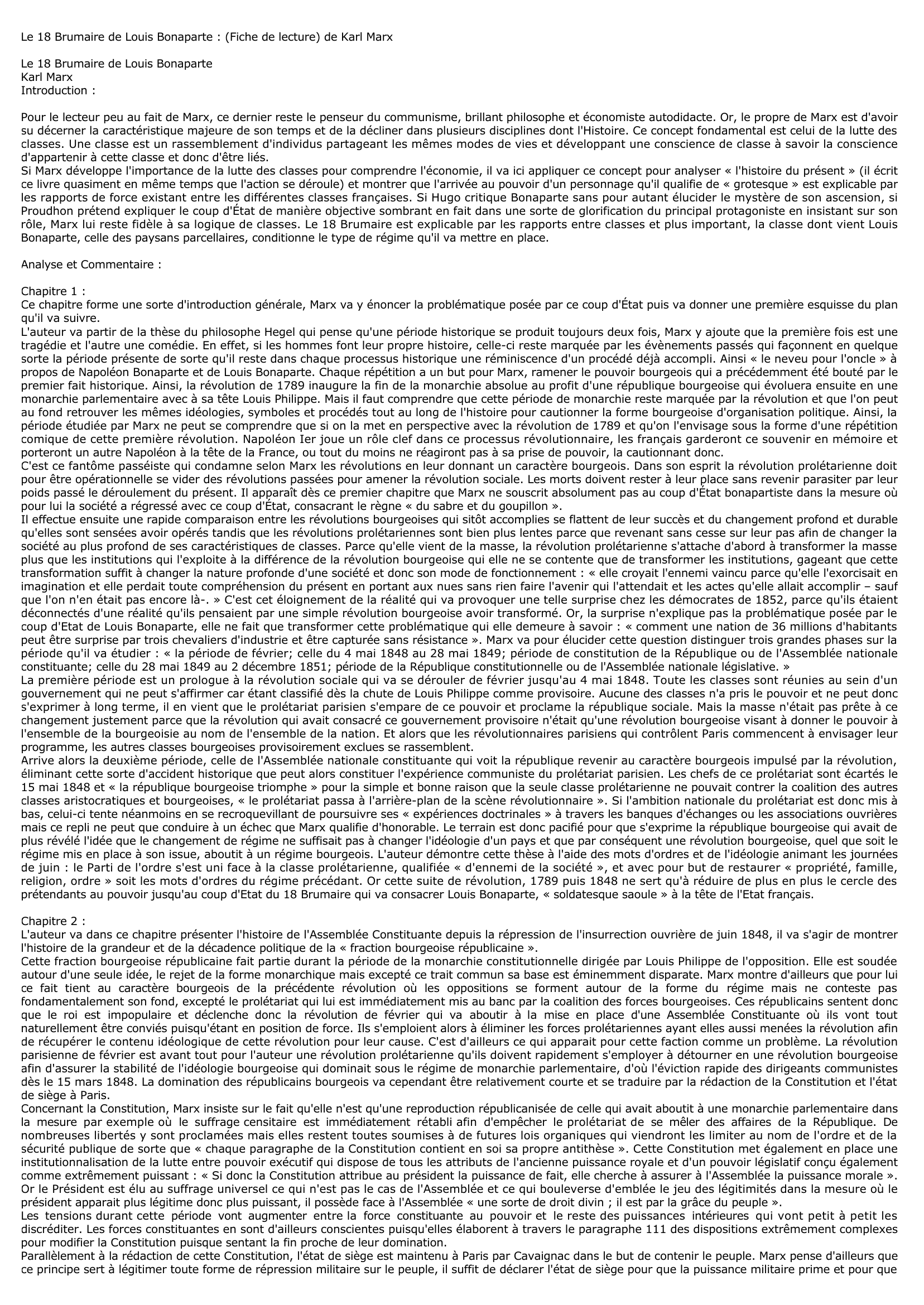 Prévisualisation du document DIX-HUIT BRUMAIRE DE LOUIS BONAPARTE (LE), Karl Marx - résumé de l'œuvre