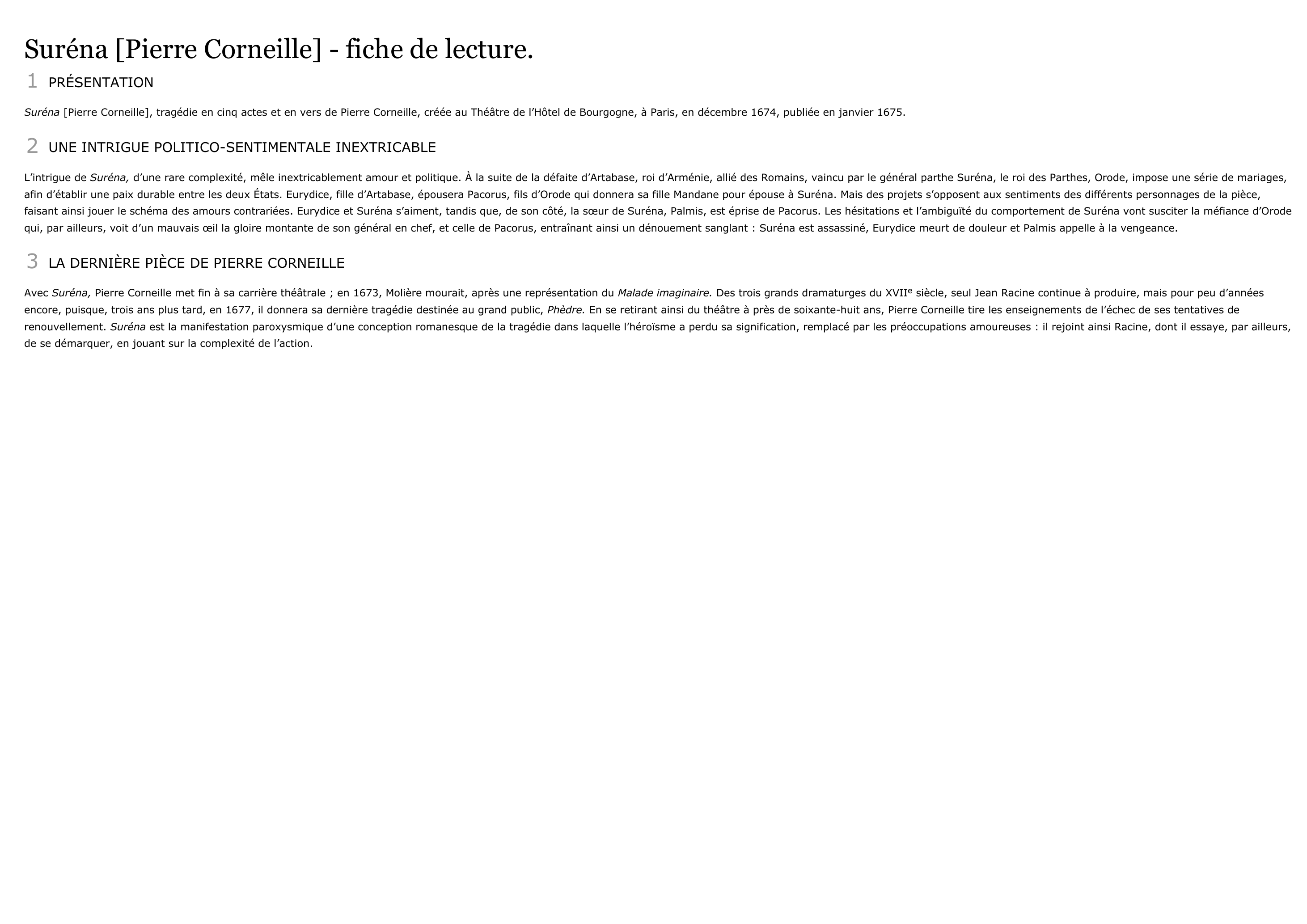 Prévisualisation du document D'Oedipe à Suréna, Corneille : Fiche de lecture