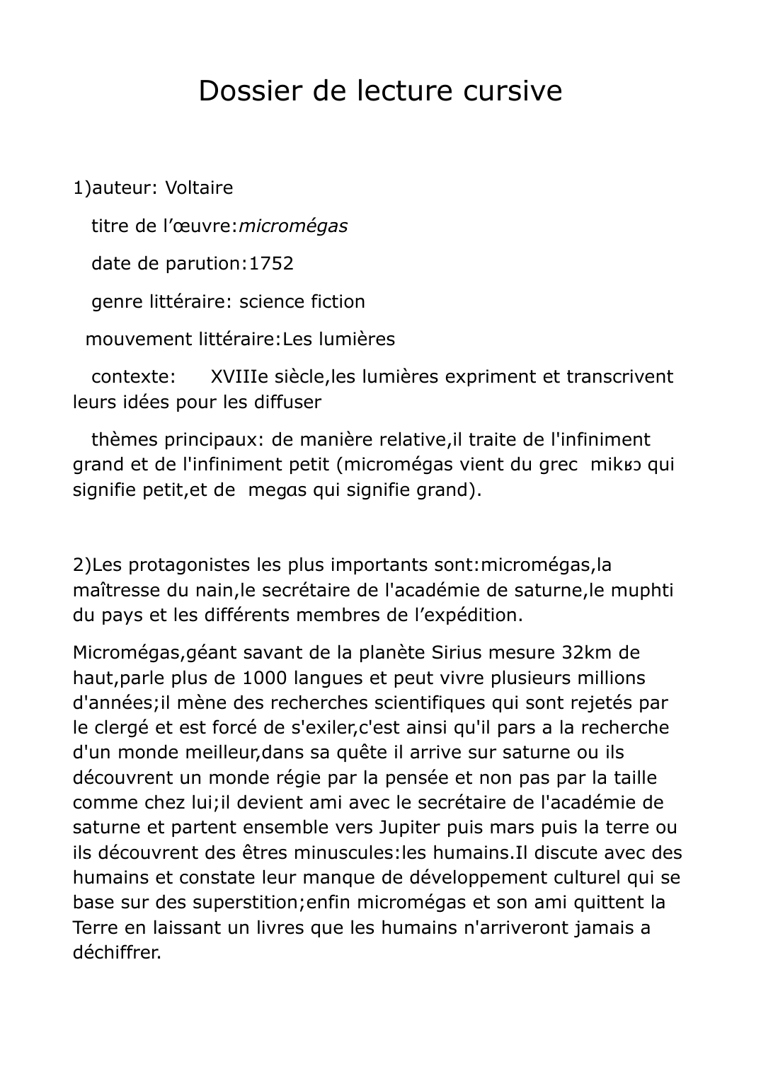 Prévisualisation du document Dossier de lecture cursive : Voltaire de l’œuvre: Micromégas