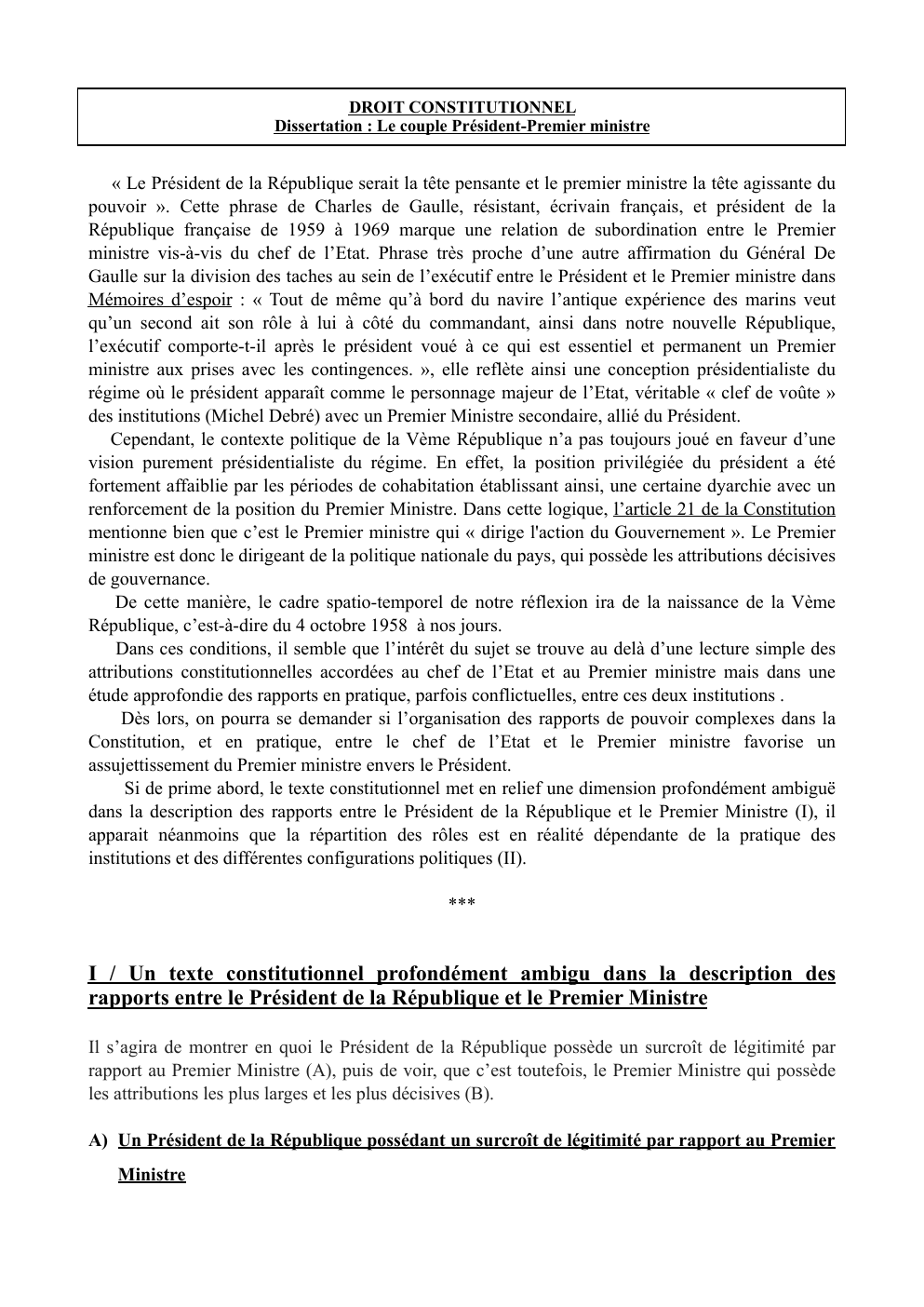Prévisualisation du document DROIT CONSTITUTIONNEL Dissertation : Le couple Président-Premier ministre