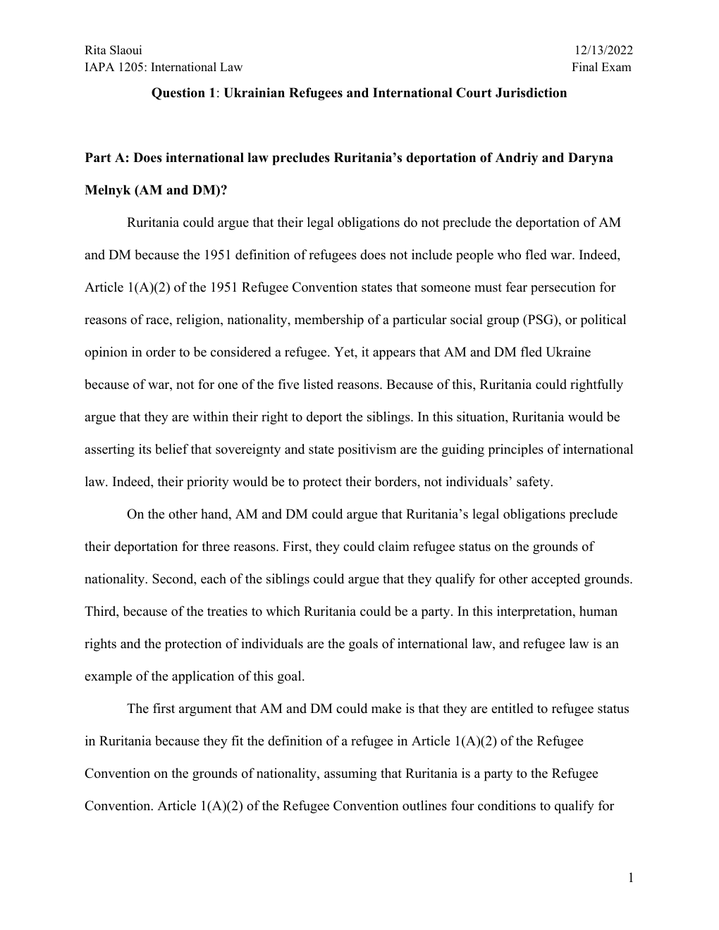 Prévisualisation du document Droit international Question 1: Ukrainian Refugees and International Court Jurisdiction