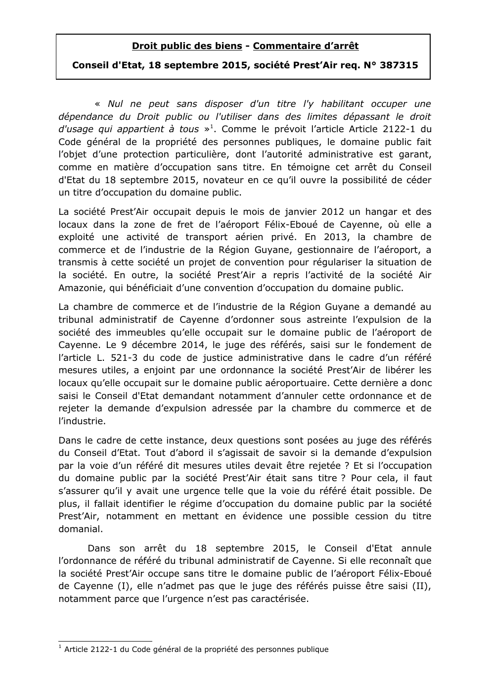 Prévisualisation du document Droit public des biens - Commentaire d’arrêt Conseil d'Etat, 18 septembre 2015, société Prest’Air req. N° 387315