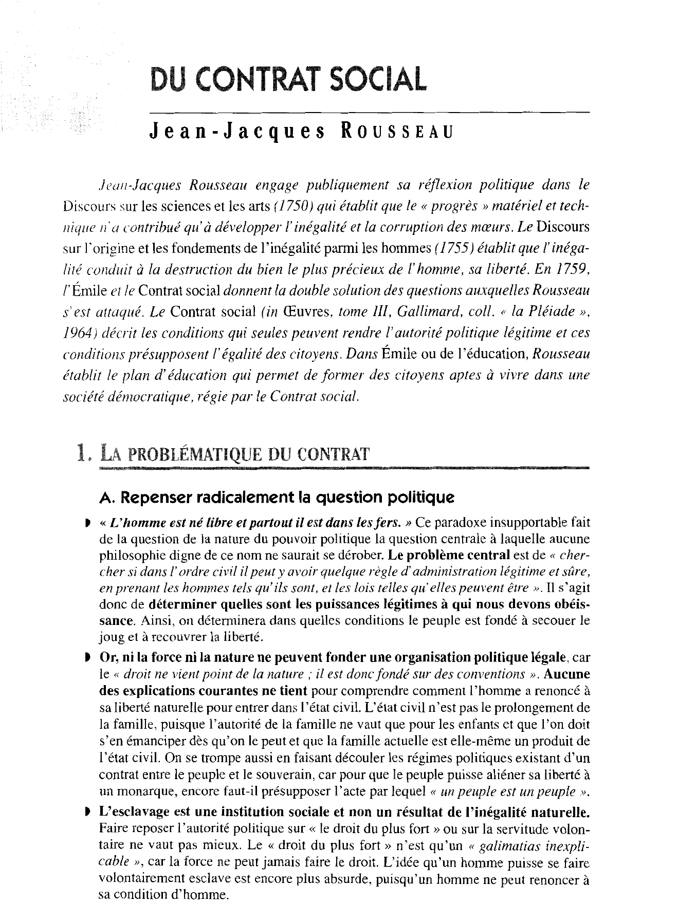 Prévisualisation du document Du contrat social [Jean-Jacques Rousseau] - Fiche de lecture.