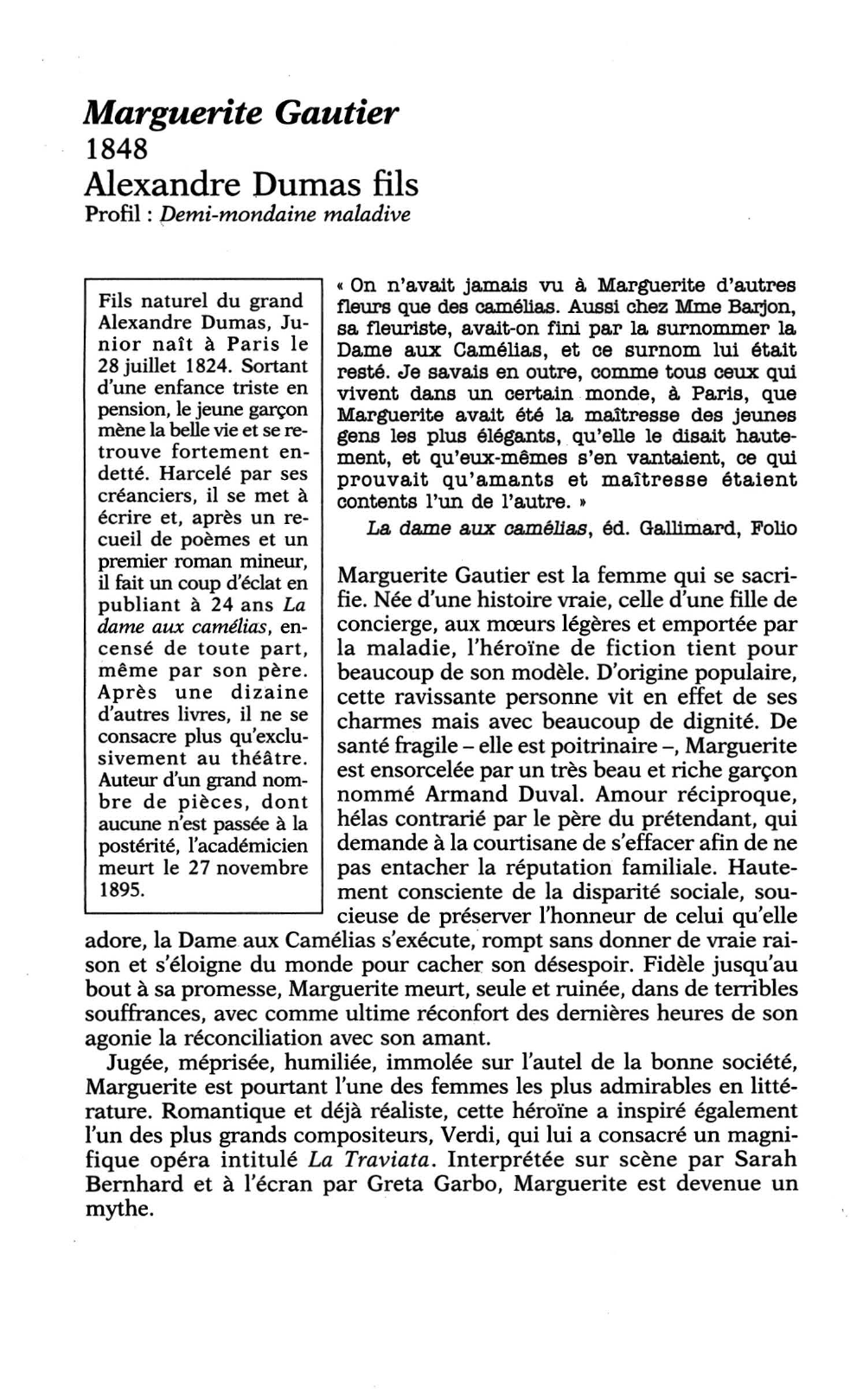 Prévisualisation du document Dumas fils: La Dame aux camélias (Résumé & Analyse)