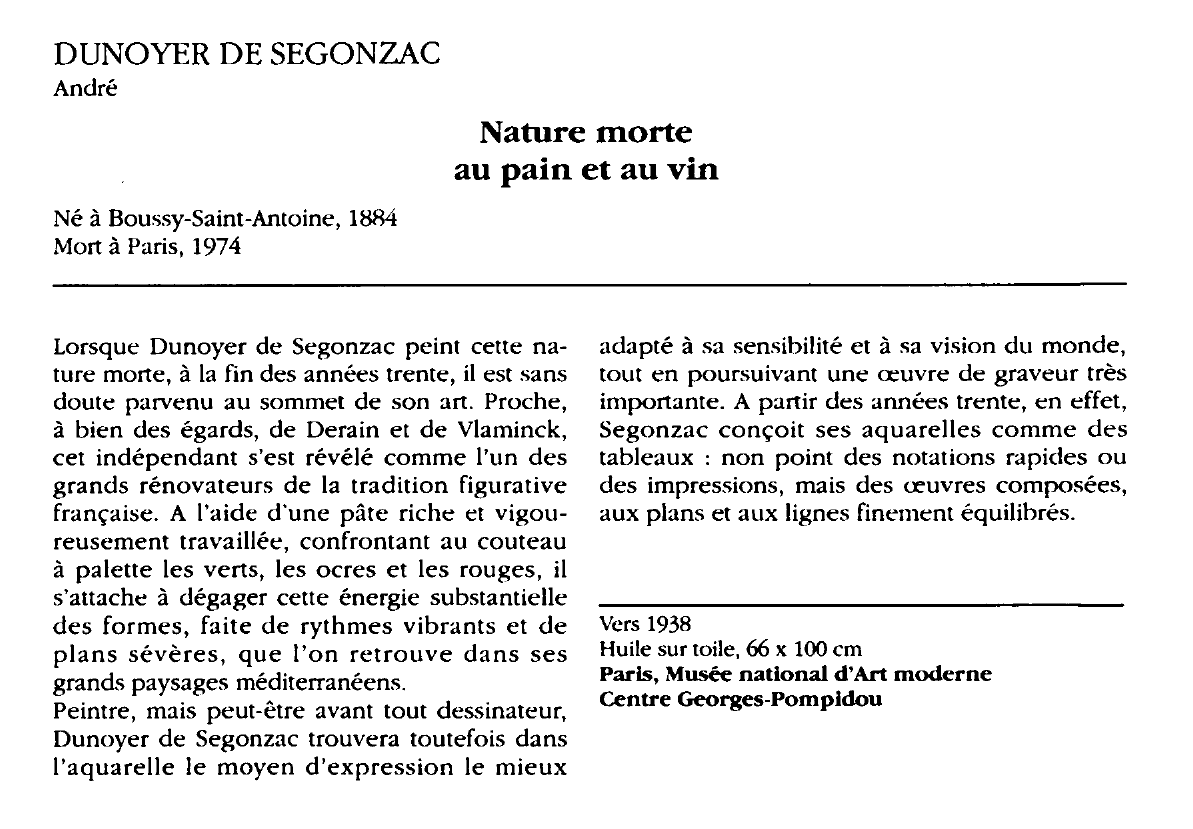 Prévisualisation du document DUNOYER DE SEGONZAC André : Nature morte au pain et au vin