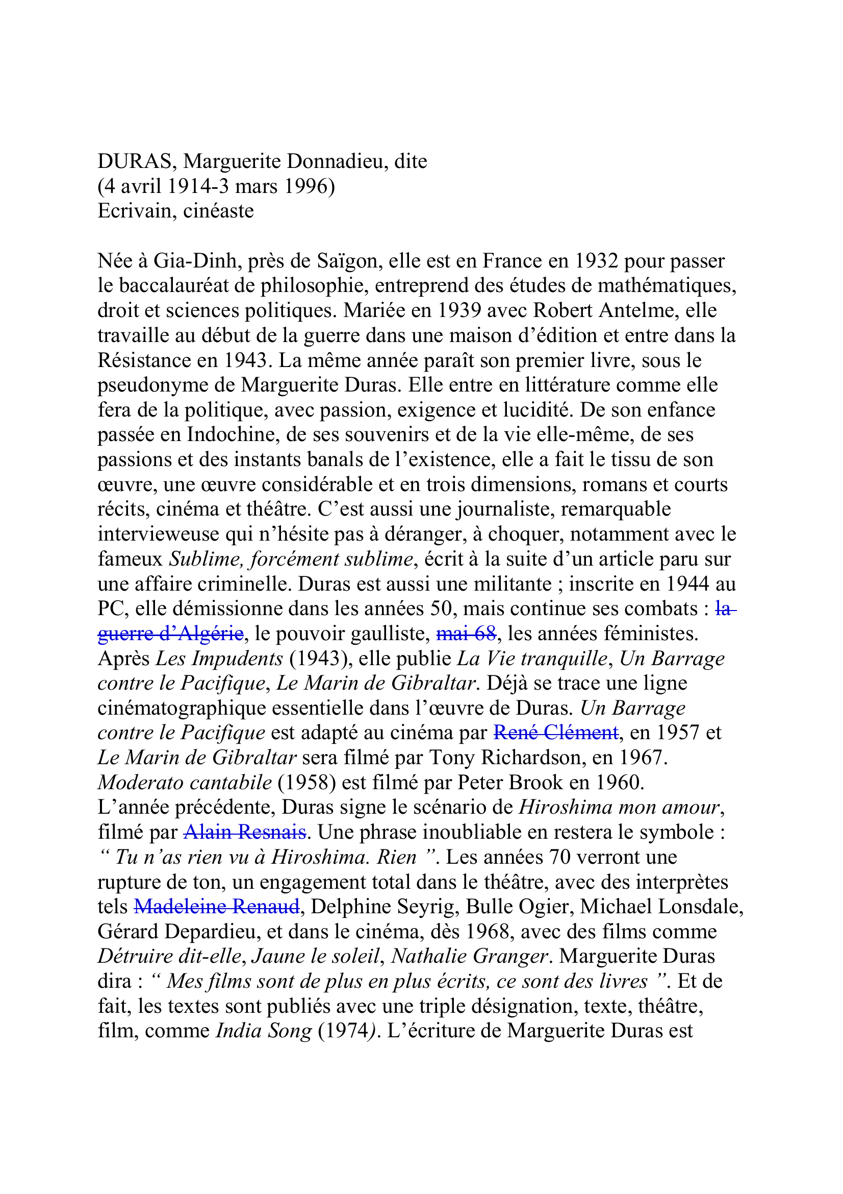 Prévisualisation du document DURAS (Marguerite Donnadieu, dite Marguerite)