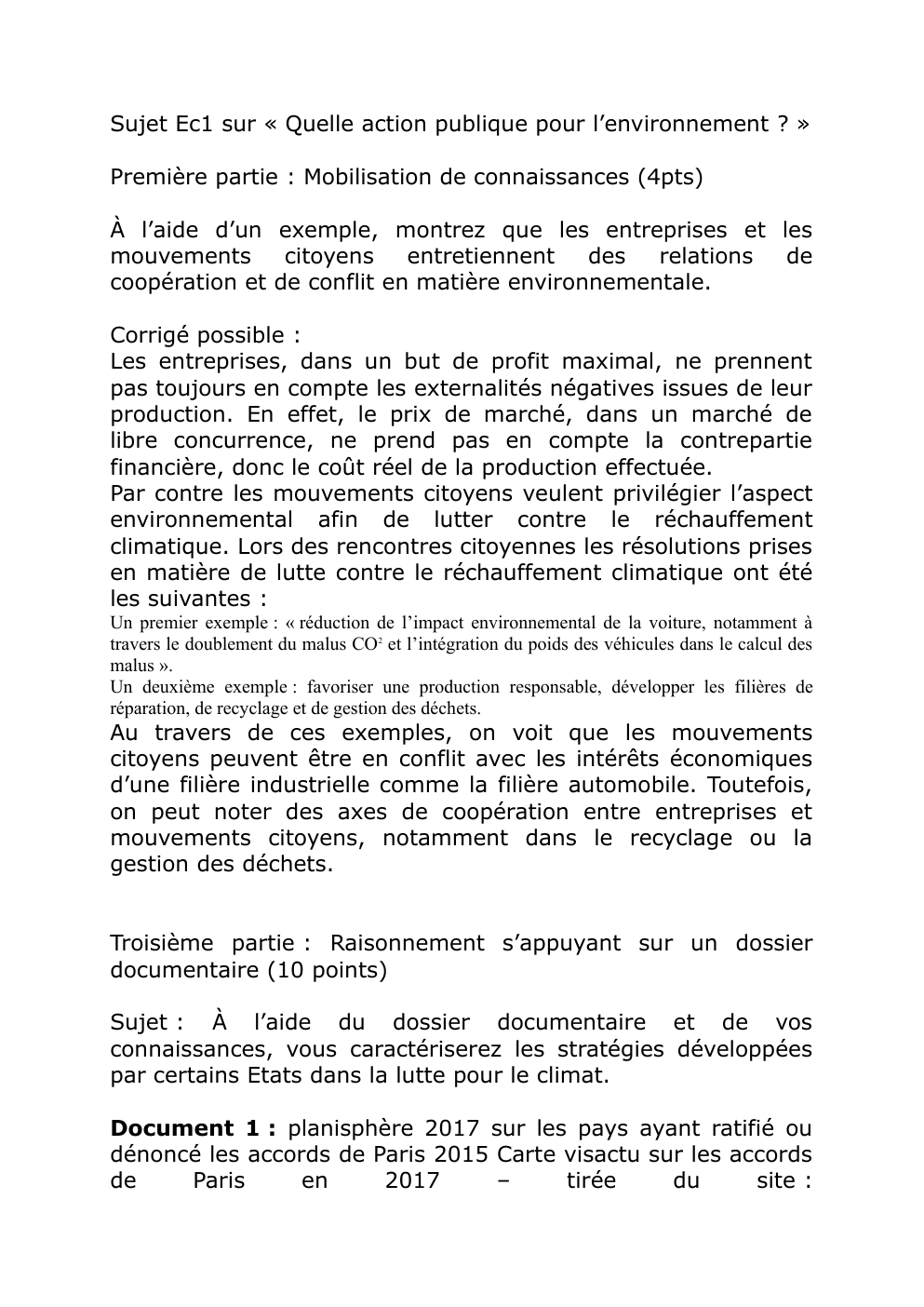 Prévisualisation du document Ec1 ec3 terminal spe ses Sujet Ec1 sur « Quelle action publique pour l’environnement ? »