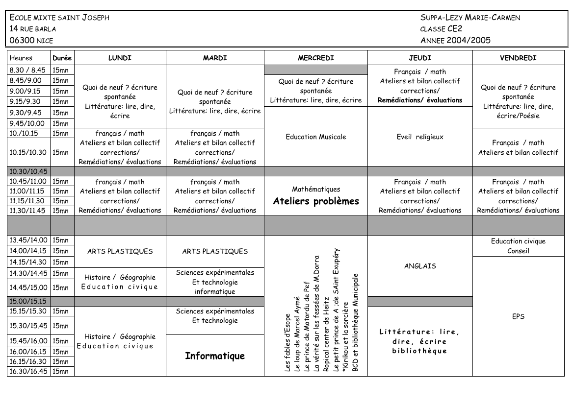 Prévisualisation du document ECOLE MIXTE SAINT JOSEPH14 RUE BARLA06300 NICEHeuresDurée8.