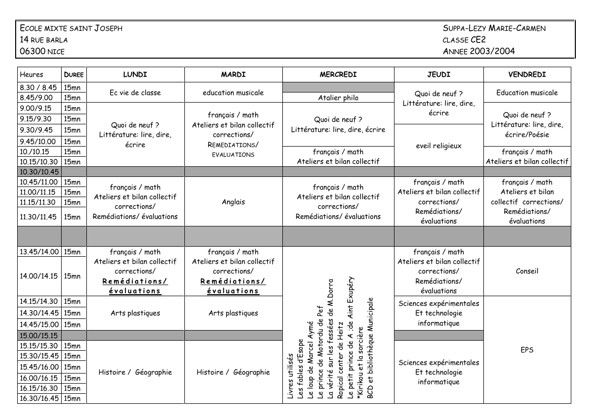 Prévisualisation du document ECOLE MIXTE SAINT JOSEPH14 RUE BARLA06300 NICESUPPA-LEZY MARIE-CARMENCLASSE CE2ANNEE 2003/2004HeuresDUREELUNDIMARDI8.