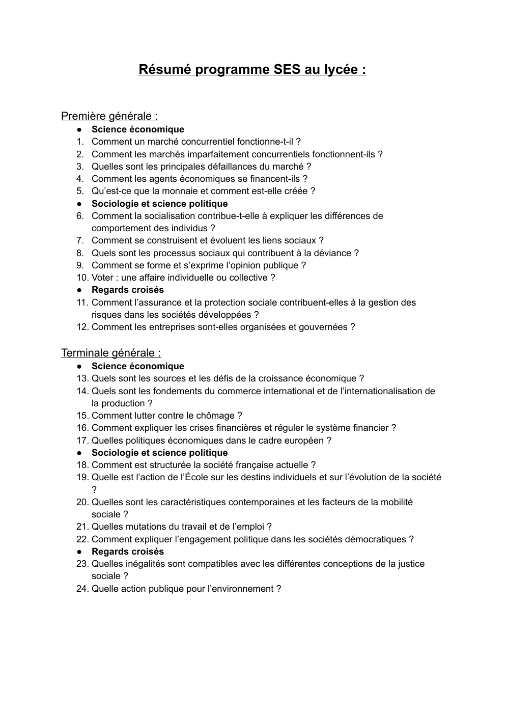 Prévisualisation du document Résumé programme SES au lycée : Première générale