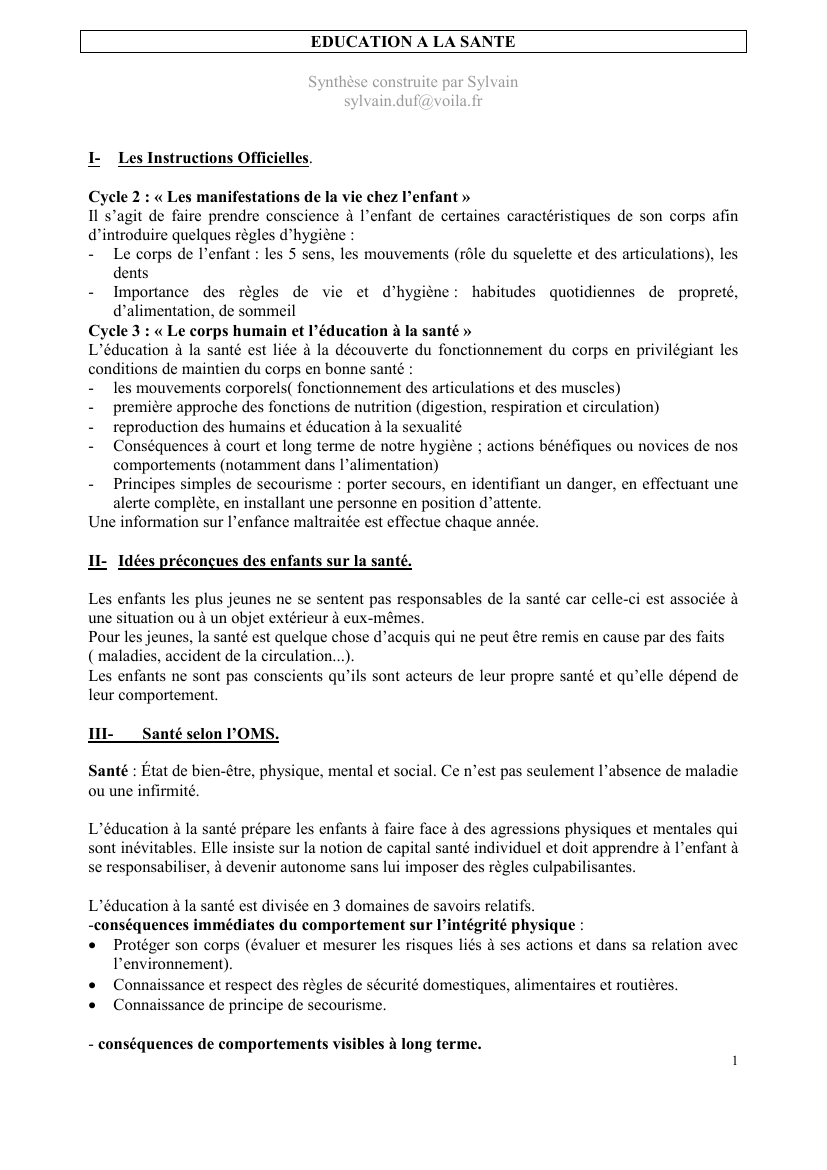 Prévisualisation du document EDUCATION A LA SANTESynthèse construite par Sylvainsylvain.