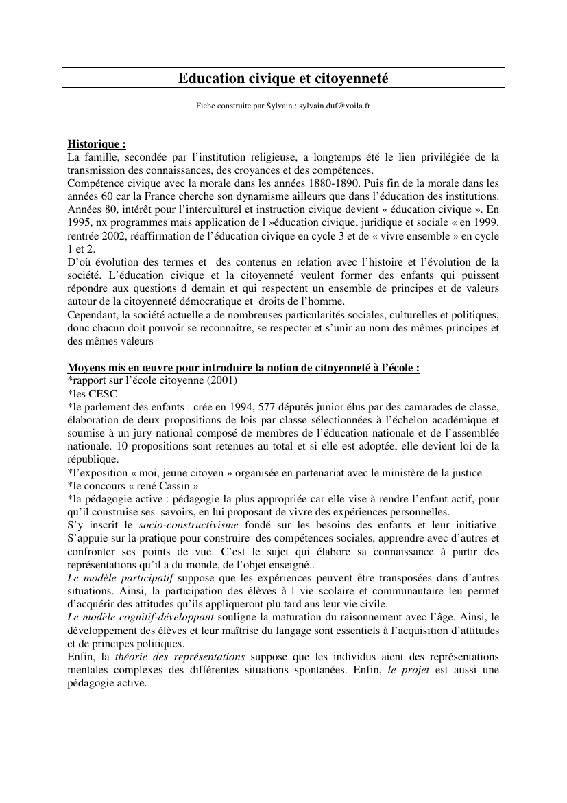 Prévisualisation du document Education civique et citoyennetéFiche construite par Sylvain : sylvain.