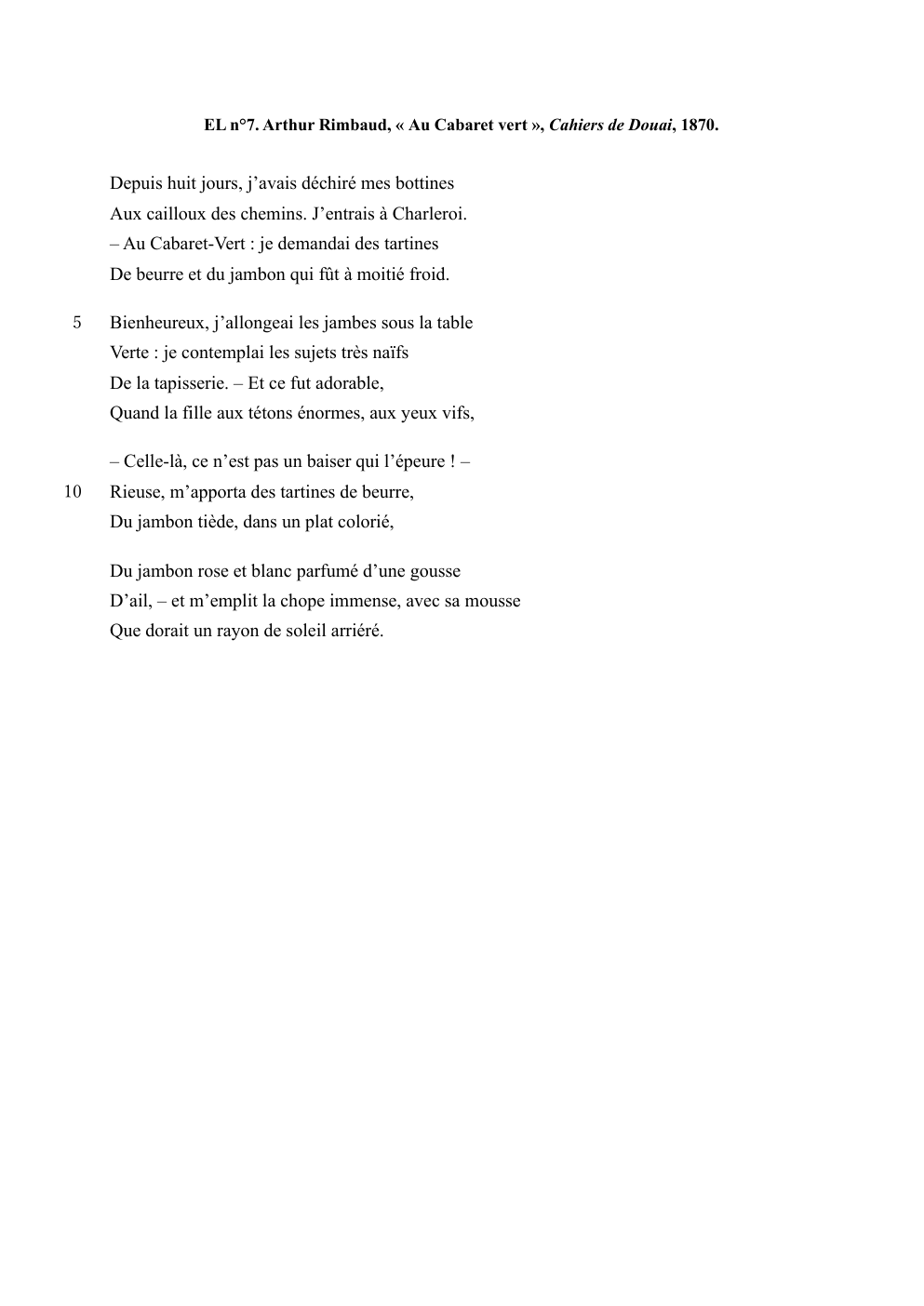 Prévisualisation du document EL n°7. Arthur Rimbaud, « Au Cabaret vert », Cahiers de Douai, 1870.