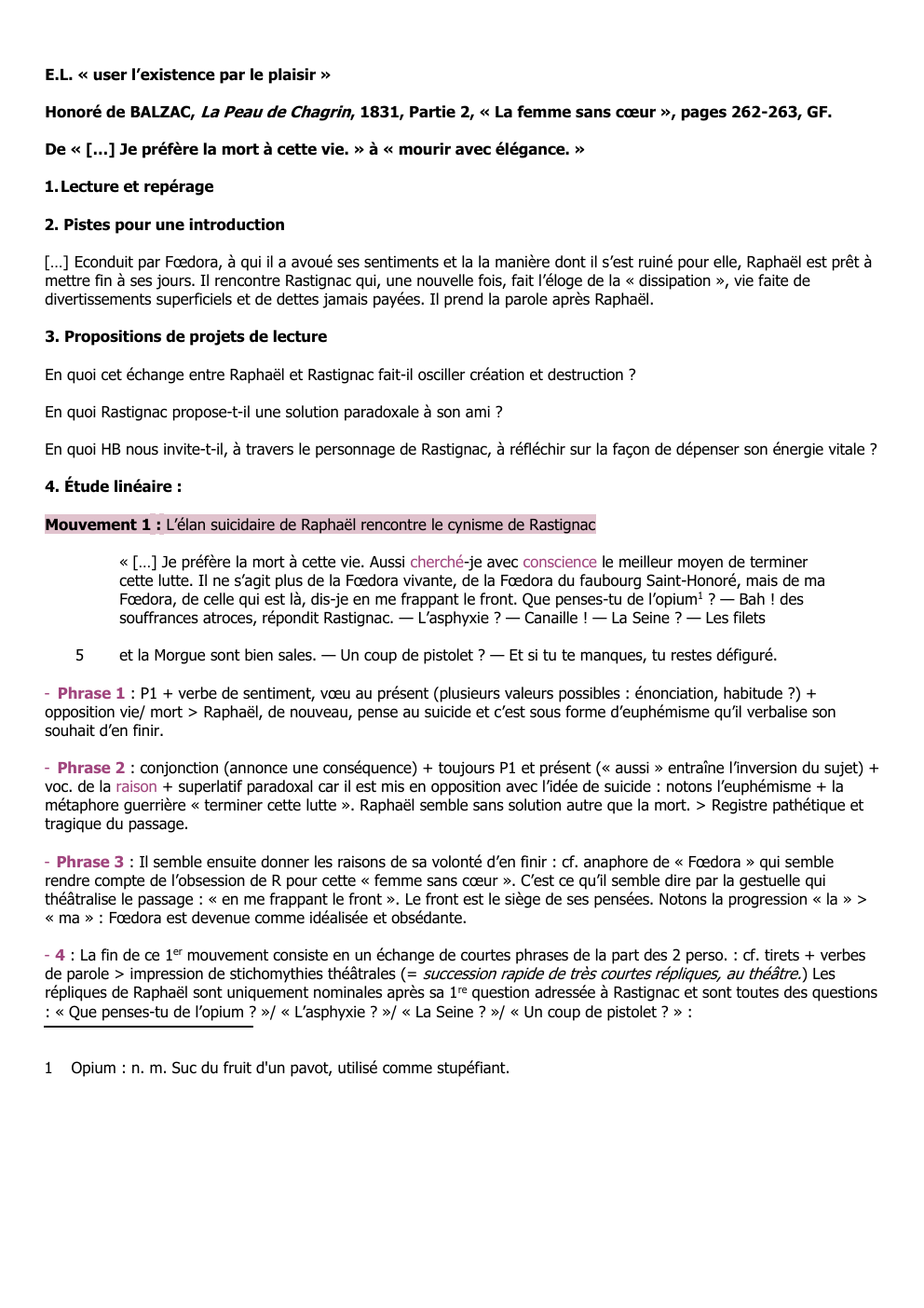 Prévisualisation du document E.L. « user l’existence par le plaisir » Honoré de BALZAC, La Peau de Chagrin, 1831, Partie 2, « La femme sans cœur », pages 262-263, GF. De « […] Je préfère la mort à cette vie. » à « mourir avec élégance. »