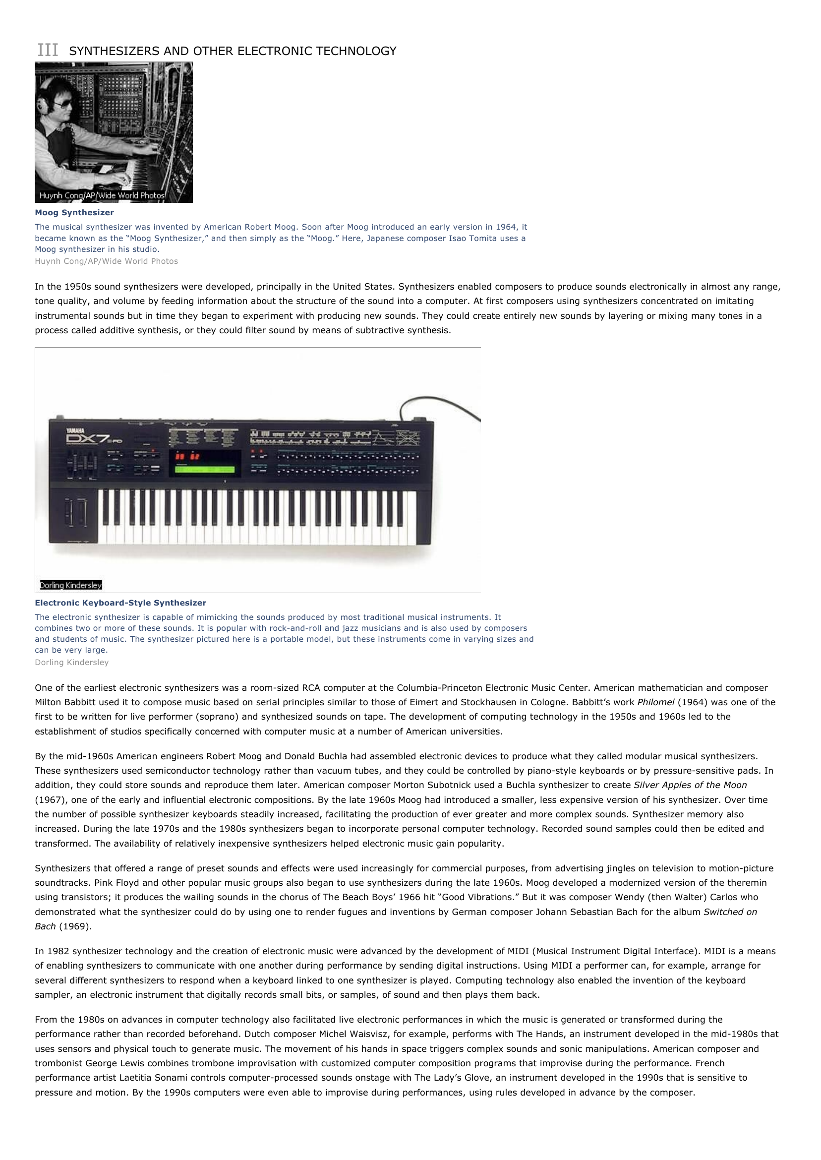 Prévisualisation du document Electronic Music
I

INTRODUCTION

Electronic Music, music that requires the use of electronic devices to produce or manipulate sound during its composition and performance.