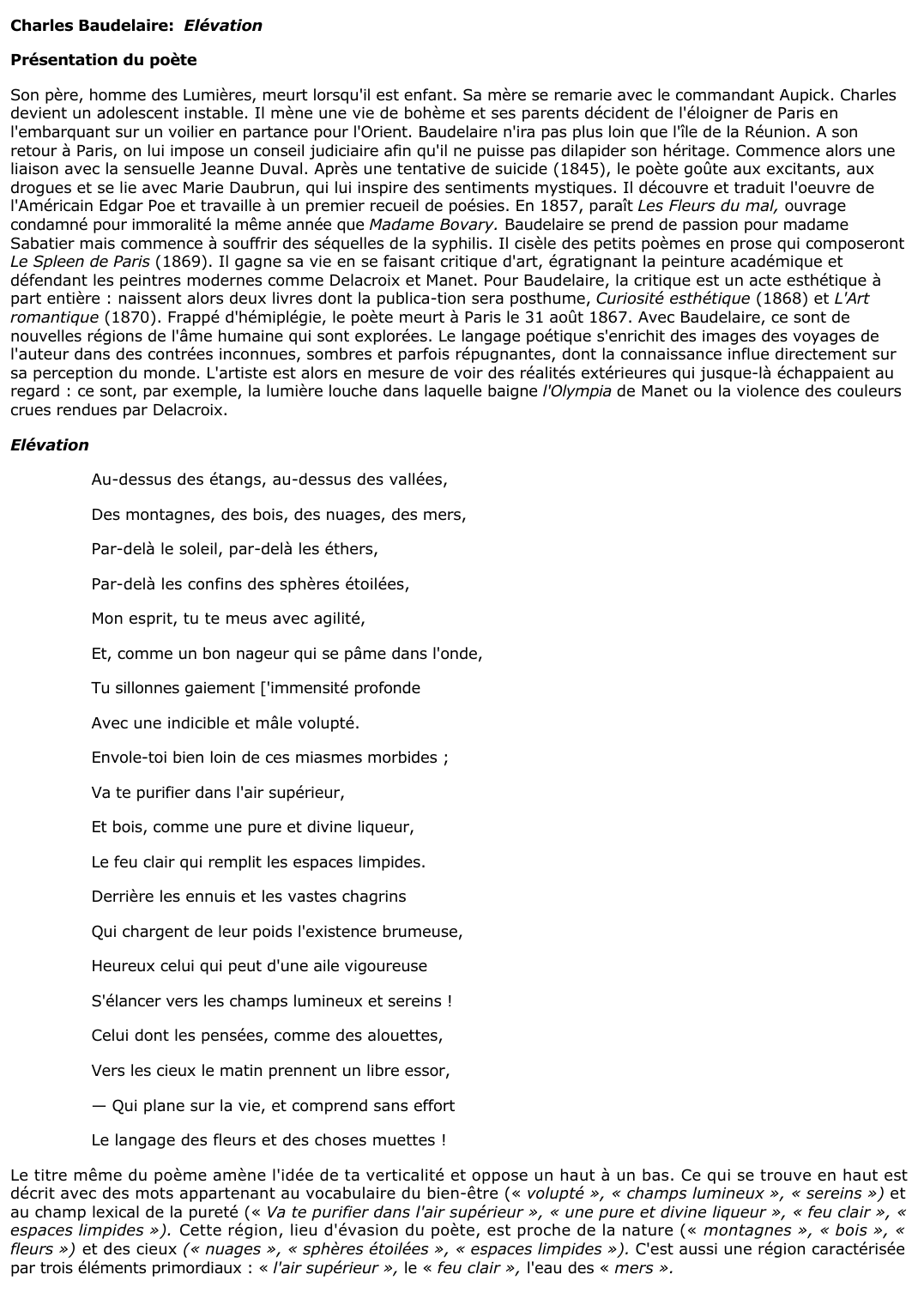 Prévisualisation du document Élévation de Charles Baudelaire - Analyse Littéraire