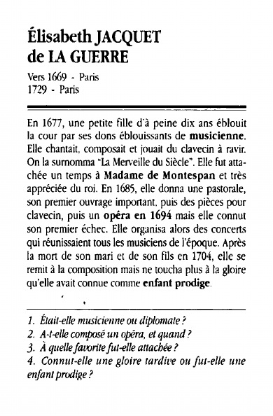 Prévisualisation du document Élisabeth JACQUETdeIAGUERREVers 1669 - Paris1729 - ParisEn 1677, une petite fille d'à peine dix ans éblouitla cour par ses dons éblouissants de musicienne.