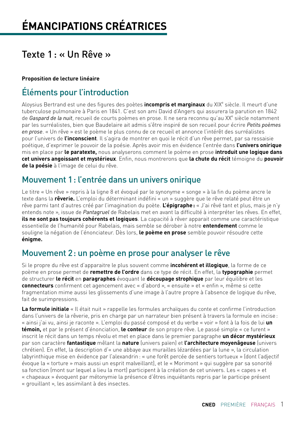 Prévisualisation du document ÉMANCIPATIONS CRÉATRICES Texte 1 : « Un Rêve » Proposition de lecture linéaire  Éléments pour l’introduction Aloysius Bertrand