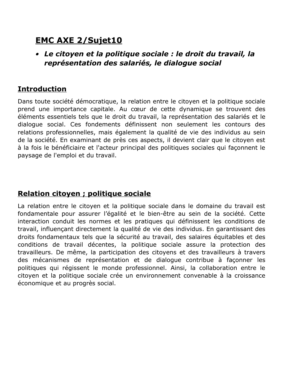 Prévisualisation du document EMC AXE 2/Sujet10  Le citoyen et la politique sociale : le droit du travail, la représentation des salariés, le dialogue social