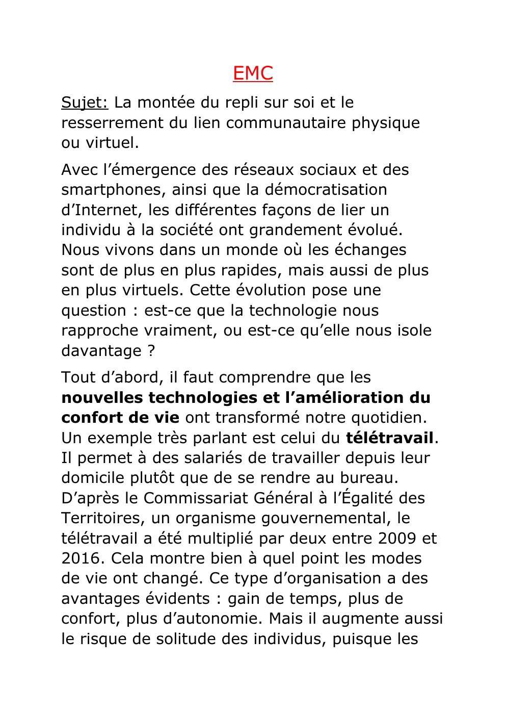 Prévisualisation du document EMC Sujet: La montée du repli sur soi et le resserrement du lien communautaire physique ou virtuel.