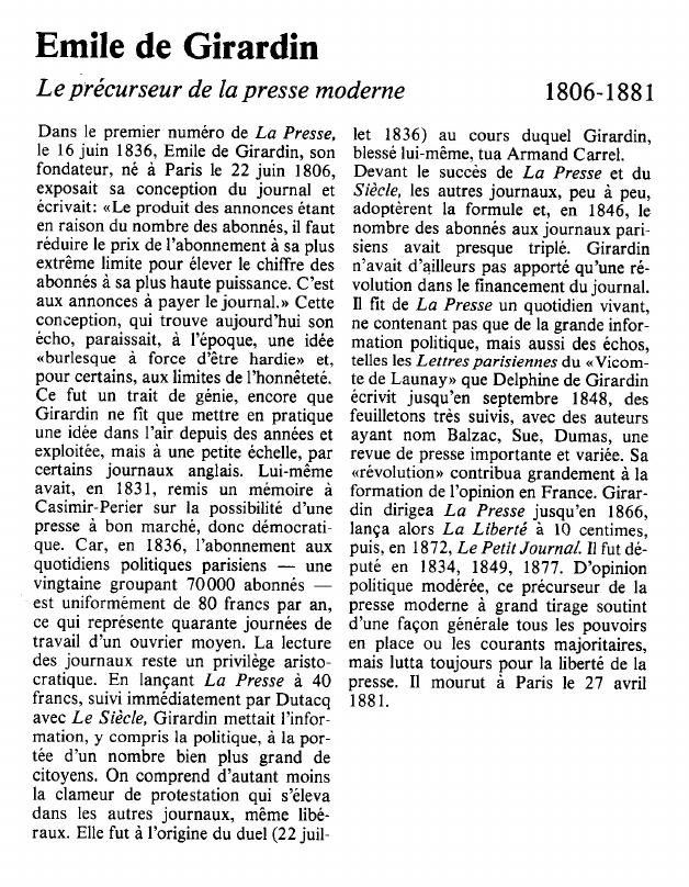 Prévisualisation du document Emile de GirardinLe précurseur de la presse moderne.