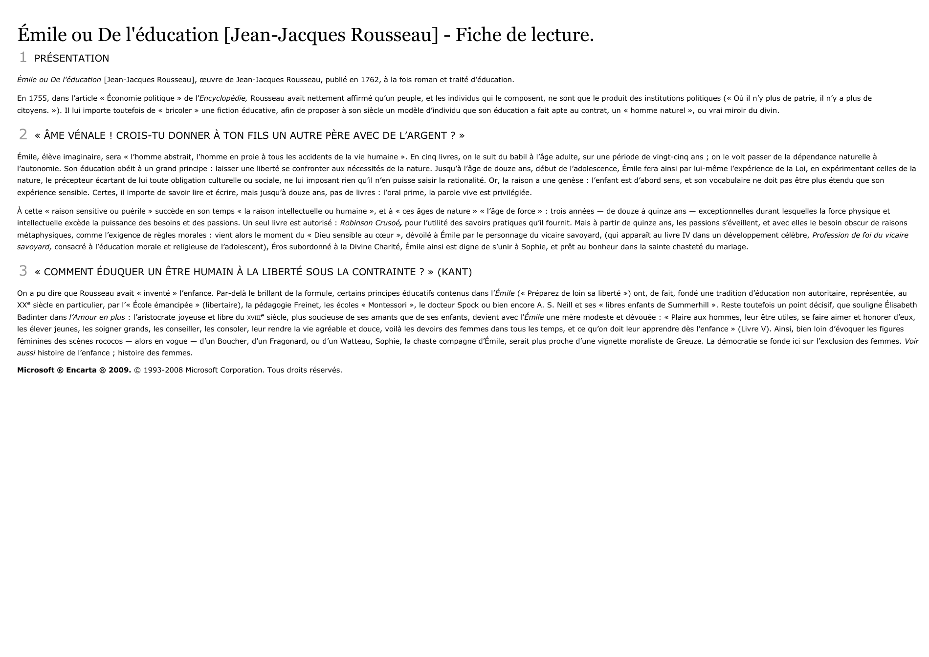 Prévisualisation du document Émile ou De l'éducation [Jean-Jacques Rousseau] - Fiche de lecture.