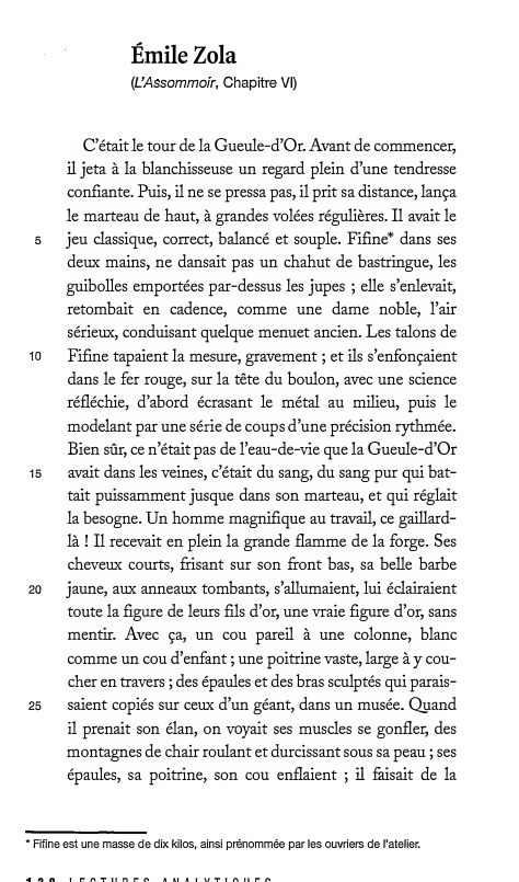 Prévisualisation du document Émile Zola
(L.:Assommoir, Chapitre VI)

5

10

15

20

25

C'était le tour de la Gueule-d'Or. Avant de commencer,
il...