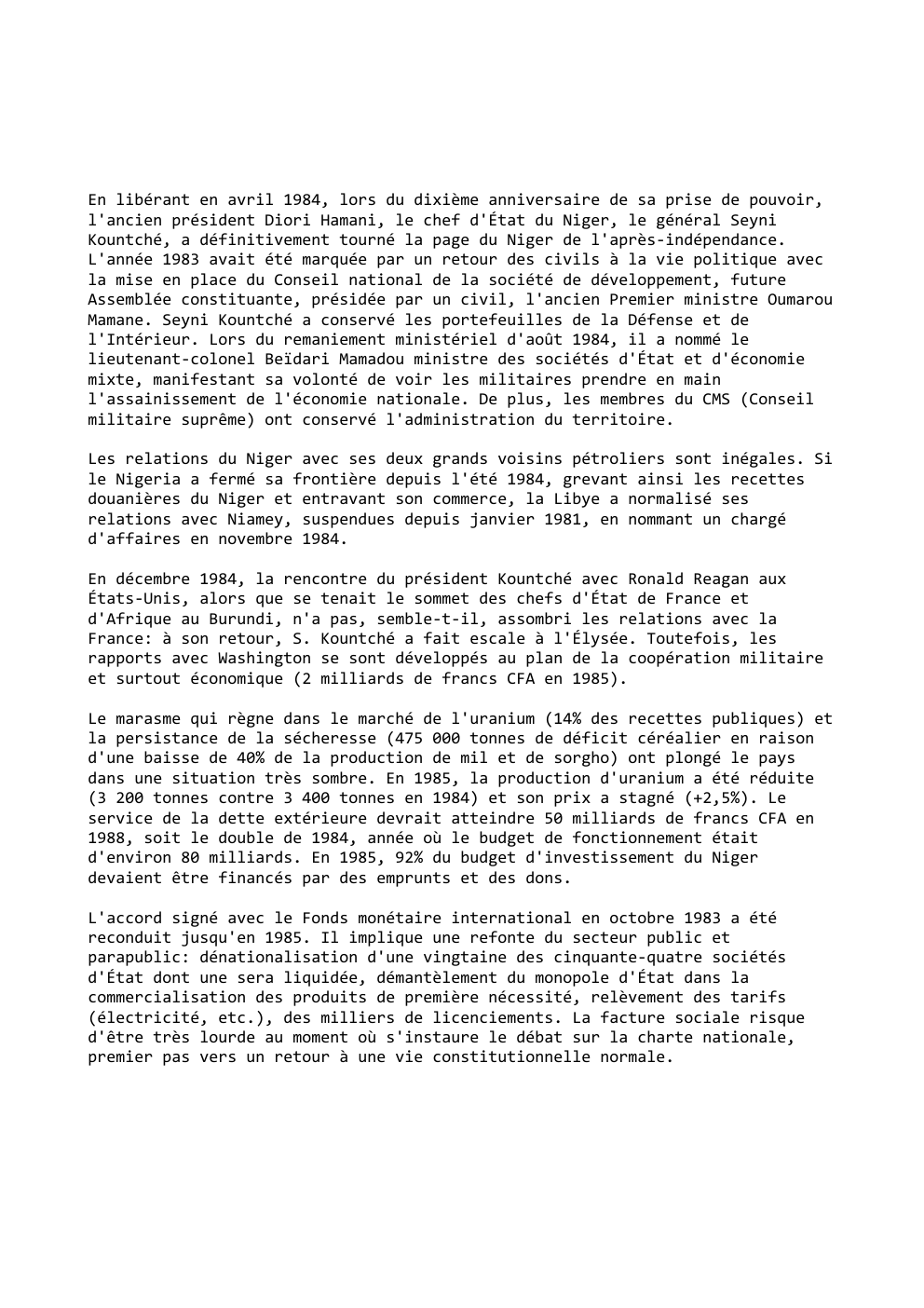 Prévisualisation du document En libérant en avril 1984, lors du dixième anniversaire de sa prise de pouvoir,
l'ancien président Diori Hamani, le chef...