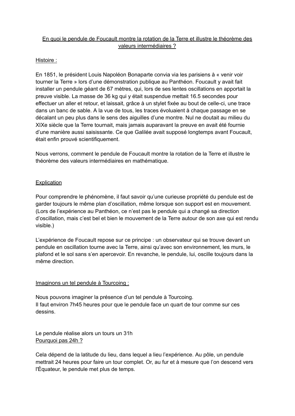 Prévisualisation du document En quoi le pendule de Foucault montre la rotation de la Terre et illustre le théorème des valeurs intermédiaires