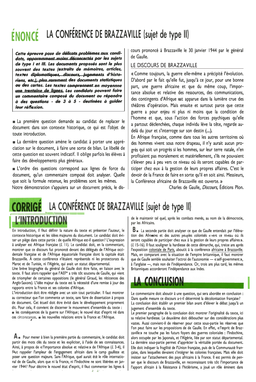 Prévisualisation du document ,

,

ENONCE lA CONfÉRENCE DE BRAZZAVlllE (sujet de type 11)
cours prononcé à Brazzaville le 30 Janvier 1944 par...