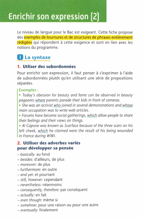 Prévisualisation du document Enrichir son expression (2)
Le niveau de langue pour le Bac est exigeant. Cette fiche propose
des exemples de tournures...