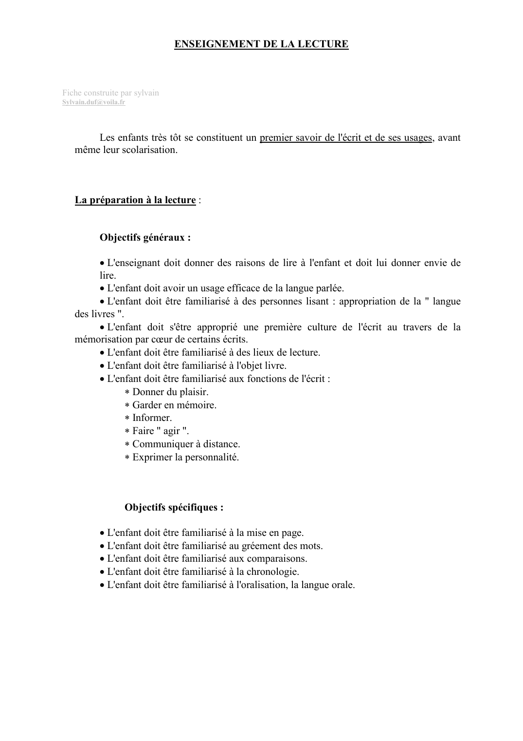 Prévisualisation du document ENSEIGNEMENT DE LA LECTUREFiche construite par sylvainSylvain.