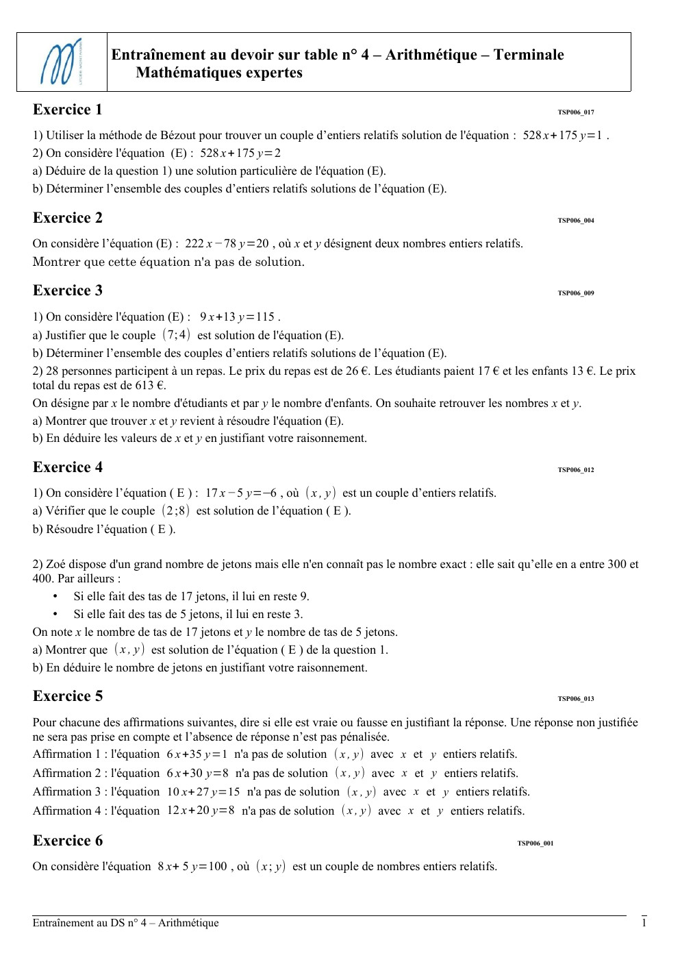 Prévisualisation du document Entraînement au devoir sur table n° 4 – Arithmétique – Terminale Mathématiques expertes