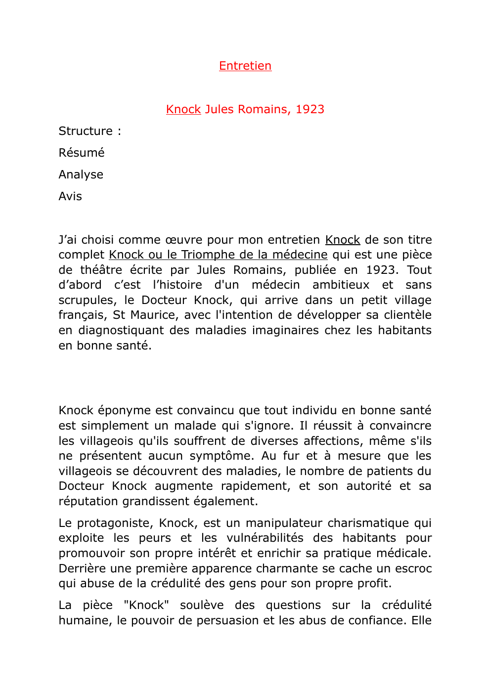 Prévisualisation du document entretien oral de Français sur "knock" de jules romain