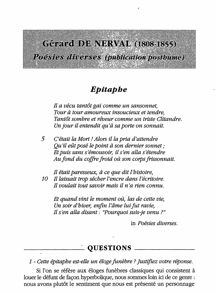 Prévisualisation du document Epitaphe in Poésies diverses Gérard de Nerval (commentaire)
