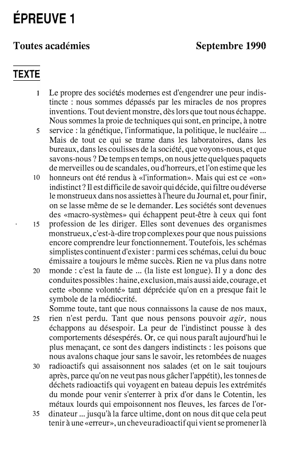Prévisualisation du document ÉPREUVE 1
Toutes académies

Septembre 1990

TEXTE

5

10

15

20

25

30

35

Le propre des sociétés modernes est...