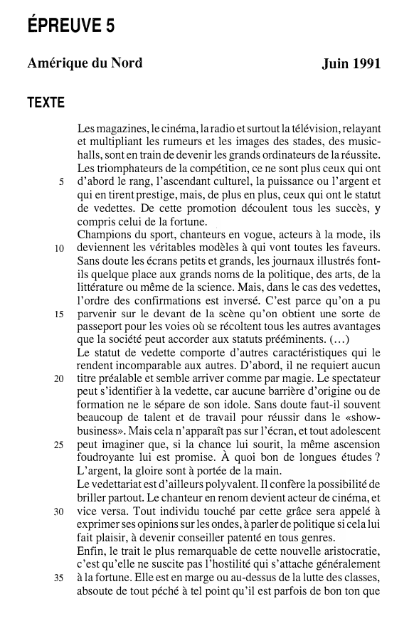 Prévisualisation du document ÉPREUVE 5
Amérique du Nord

Juin 1991

TEXTE

5

10

15

20

25

30

35

Les magazines, le cinéma, la...