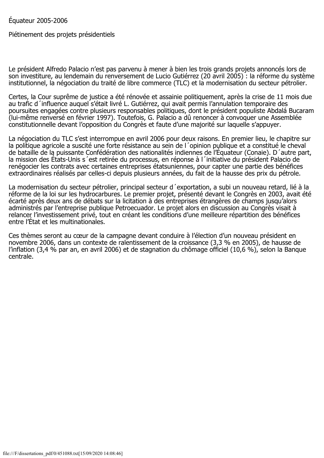 Prévisualisation du document Équateur (2005-2006): Piétinement des projets présidentiels