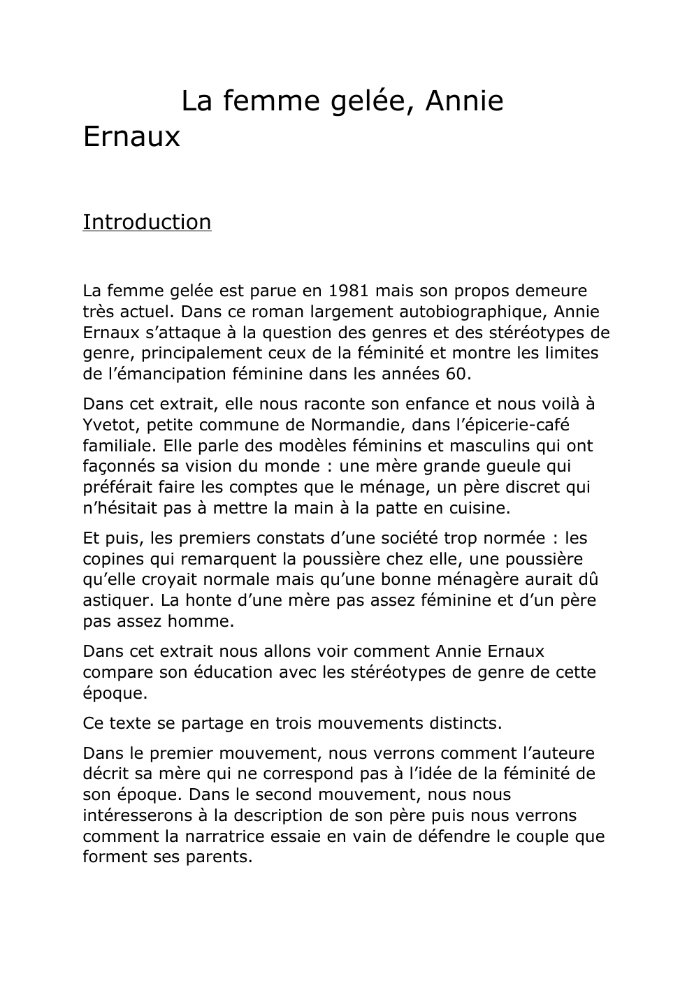 Prévisualisation du document Ernaux  La femme gelée, Annie: éducation et genre