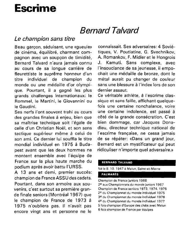 Prévisualisation du document Escrime:Bernard Talvard (sport).