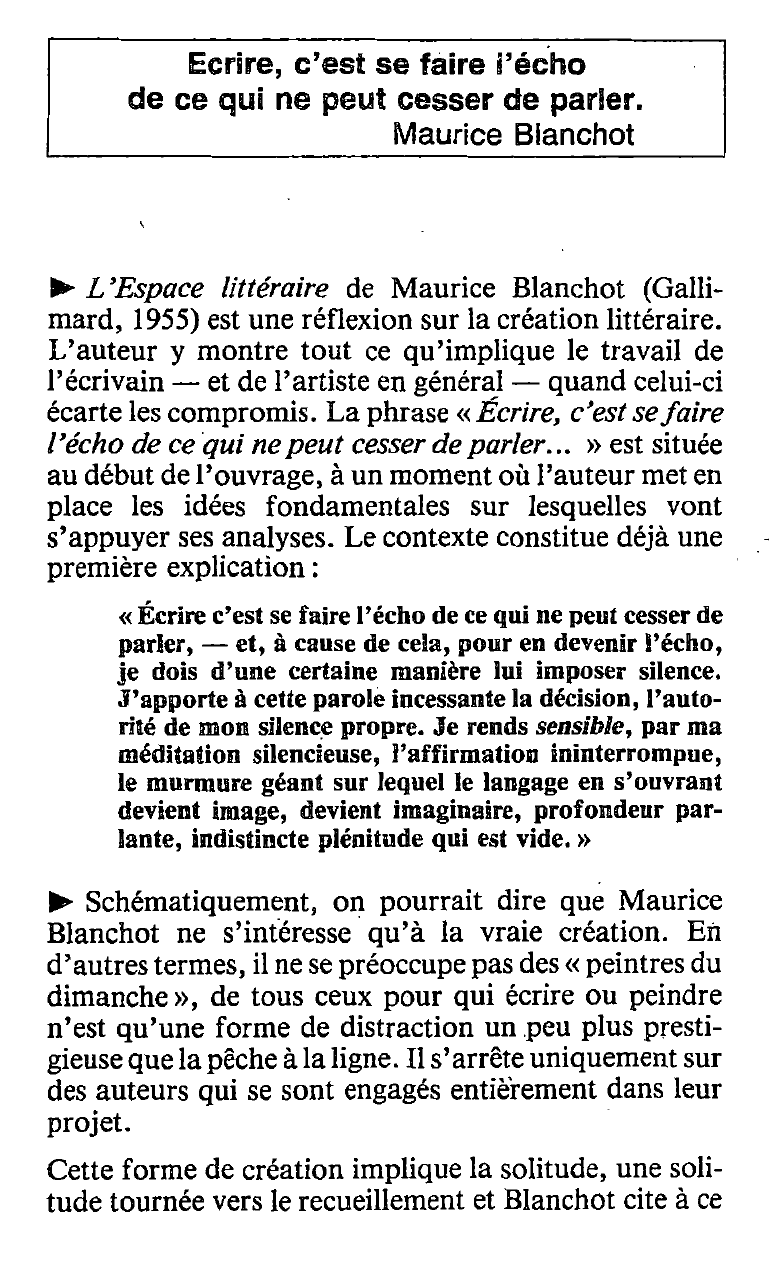 Prévisualisation du document Espace littéraire, l' [Maurice Blanchot] - Fiche de lecture.