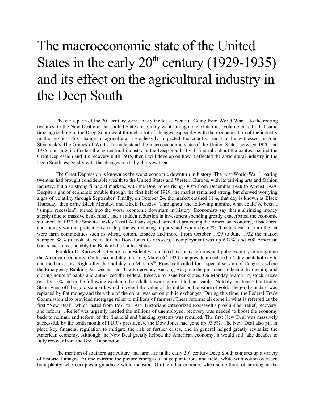 Prévisualisation du document Essai - L'état macroéconomique des Etats Unis lors de la Grande Dépression, et ces effets sur l'agriculture